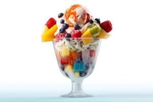stock photo of ice cream with plastic glass mix fruits topping food photography