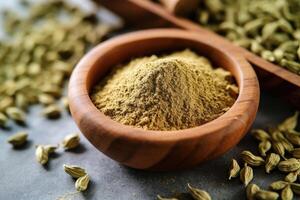 stock photo of cardamom powder on the kitchen flat lay photography