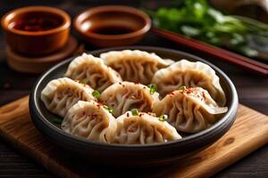 valores foto de Mandu o Mandoo con palillos son empanadillas en Corea comida fotografía generativo ai