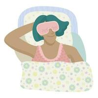 Young woman in sleeping mask lying in bed and sleeping with smile vector