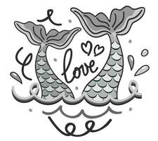 Two mermaid tails in waves. Love concept. vector