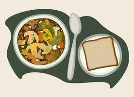 Mushroom soup and piece of bread on a plate. vector