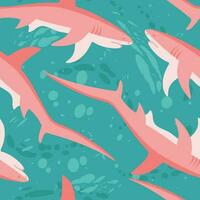 Vector seamless pattern with pink sharks on aquamarine background