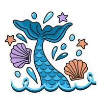 Tail of mermaid, waves, drops, seashells and sea stars. vector