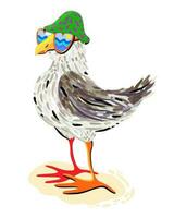 Seagull. Vector isolated illustration of cute bird in sunglasses and panama hat standing near the sea