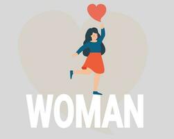 Happy girl holds a big heart and dance with joy. Young woman stands on a large text and celebrates international women's day on 8 march. Female supports feminist movement. Women's empowerment concept. vector