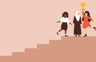 Multiracial women support each other and climb the stairs. Three mothers from different ethnicities, religions stands together at the top and hold a trophy . Mother's day and Women's empowerment. vector