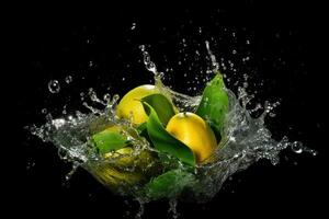 stock photo of water splash with green mango isolated food photography