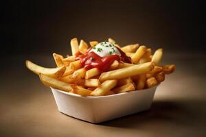 valores foto de frito papas fritas con tomate salsa y mayonesa comida fotografía generativo ai