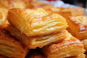 stock photo of Puff pastry is a flaky light pastry made from a lamina food photography