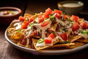 stock photo of Nachos mexico in plate with cheese sauce mexican food food photography
