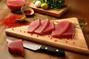 stock photo of a slicing tuna meat on a cutting board table food photography