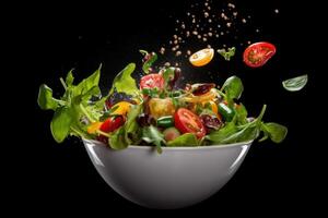 stock photo of mix vegetable flying through the air with a bowl Editorial food photography