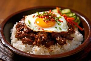 stock photo of Bulgogi rice bowl literally fire meat is a gui made of thin marinated slice food photography