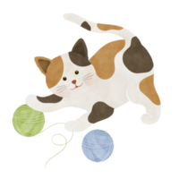 Cute cartoon cat play a yarn ball png