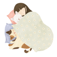 A woman sleeping with cats png