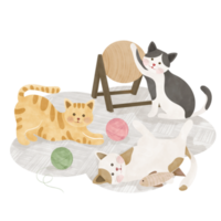 cute cats play with toys cartoon illustration png