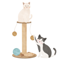 cute cat play with cats tree cartoon illustration png