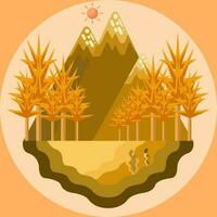 autumn ecosystem consists of tree, mountains, rivers and the sun vector