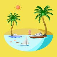 seaside environment view include boat, speed boat, sailboat, sun, coconut tree, rubber rings in flat vector illustration design