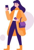 Hand Drawn woman walking with smartphone in flat style png