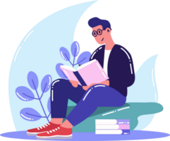 Hand Drawn man sitting and reading a book in flat style png