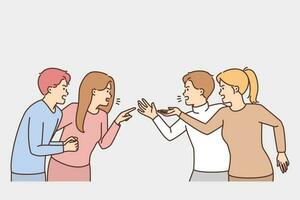 Diverse people shout and yell engaged in fighting. Angry men and women have argument or confrontation. Quarrel and disagreement. Vector illustration.