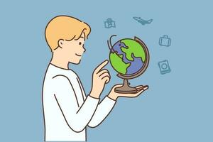 Smiling boy child looking at globe spinning holding item in hands. Happy kid enjoy discovering planet. Geography and hobby. Vector illustration.