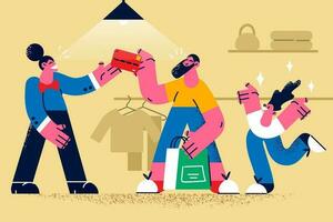 Happy father with child shopping in store paying with credit or debit card. Smiling dad make purchase buy with excited small kid in offline shop use banking service. Flat vector illustration.