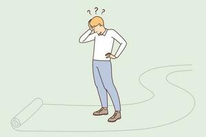 Confused man standing on road thinking of what way to choose. Frustrated male feel unsure doubt about direction or path to go. Vector illustration.