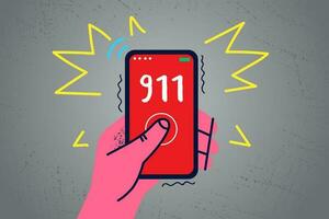 Close up of person hold cellphone call 911 for urgent help. Man or woman victim dial emergency number on smartphone. Ambulance and urgency. People in danger. Vector illustration.