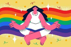 Happy young woman sit in lotus pose meditate practice yoga with rainbow on background. Calm female feel relaxed joyful, have good emotional and mental health. Flat vector illustration.