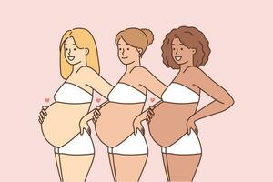 Smiling diverse multiethnic women with bellies excited about motherhood. Happy interracial pregnant females. Pregnancy and parenting. Vector illustration.