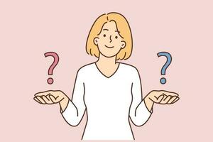 Confused woman with question marks on hands think of problem solving or making choice. Frustrated female feel confusion consider dilemma. Vector illustration.