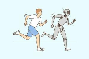 Robot and human running competition together. Robotic machine or android win race finish first. Artificial intelligence and new technology. Vector illustration.