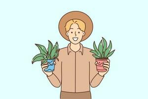 sonriente hombre participación plantas en manos emocionado acerca de jardinería. contento masculino jardinero con plantas de interior en ollas. pasatiempo y verdor. vector ilustración.