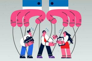 Huge businessperson hands hold ropes control diverse employees or workers. Leader or boss manipulate businesspeople as puppets. Manipulation and command at work. Vector illustration.