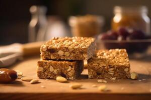 granola bars in the kitchen table Food Photography AI Generated photo