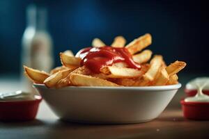 stock photo of fried fries with tomato sauce and mayonnaise food photography