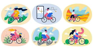 Set of people riding bicycle enjoy active hobby relax on summer weekend outdoors. Collection of men and women cyclist on bikes enjoy leisure time. Physical activity concept. Vector illustration.