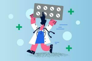 Happy woman doctor in medical uniform carry huge pills package help patient with covid-19. Smiling female nurse or therapist with meds or drugs run for aid. Medicine, healthcare. Vector illustration.