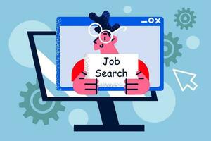 Computer screen with male job candidate or applicant with poster of work search. Man seeker look for employment position or vacancy on internet. Web application. Recruitment. Vector illustration.