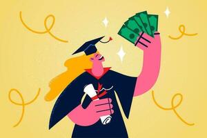 Happy graduate student in mantle and certificate get scholarship. Smiling girl in robe at college graduation hold money receive financial award or grant. Education and knowledge. Vector illustration.