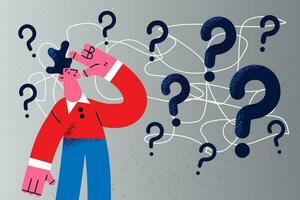 Pensive businessmen with question marks brainstorm think of problem solution. Frustrated man feel confused with dilemma, solve trouble or make choice decision. Flat vector illustration.