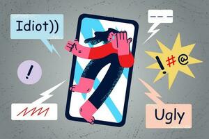 Unhappy stressed teen girl cry suffer from bullying on internet feel distressed broken with negative comments. Frustrated woman struggle with web harassment on phone. Flat vector illustration.