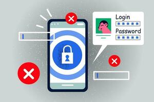 Smartphone login and password notification on screen for web personal data safety. Sign in authorization on cellphone mobile device. Virtual protection, digital identification. Vector illustration.