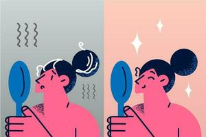 Anxious young woman look in mirror stressed with first grey hair on head, happy after saloon hairstyle and treatment. Comparison of female before and after beauty salon. Vector illustration.