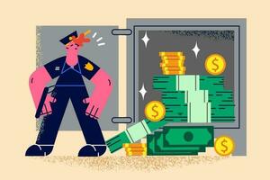 Bank vault with stacks of money with female security guard protect it from robber. Strongbox with woman police officer protection in financial institution. Flat vector illustration.