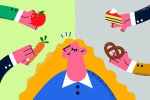 joven mujer hacer elección Entre sano y insalubre alimento. niña pensar considerar bueno y malo para sano productos nutrición y basura comiendo. dieta y bienestar. vector ilustración.