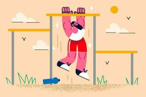 Toned fit sportsman make pull-ups on bar outdoors. Active man do sports train exercise on chin-up burs. Physical activity and healthy lifestyle. Morning workout concept. Vector illustration.